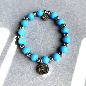 Rustic Cuff Blue Silicone and Stainless Beaded Stretch Logo Bracelet